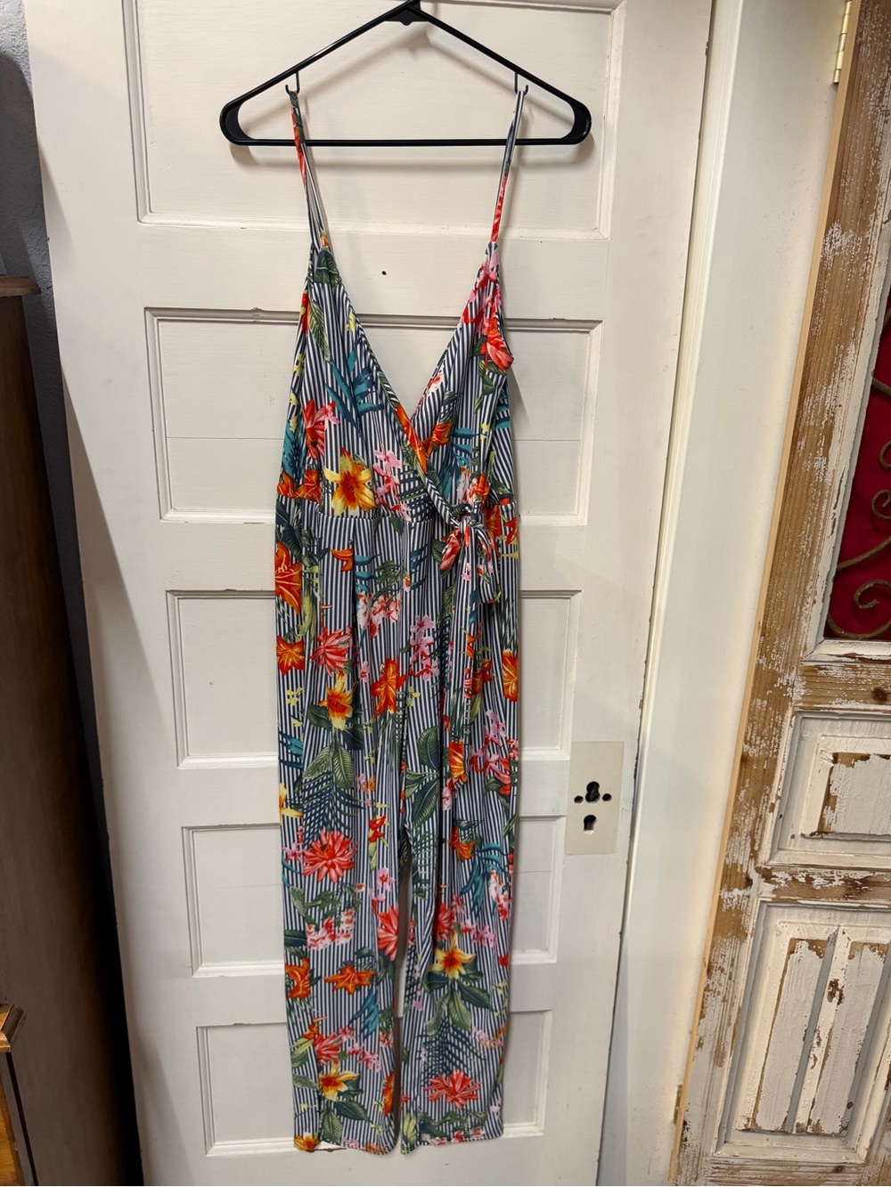 Derek Heart XL Tropical Floral Stripe Wrap Front Wide Leg Jumpsuit